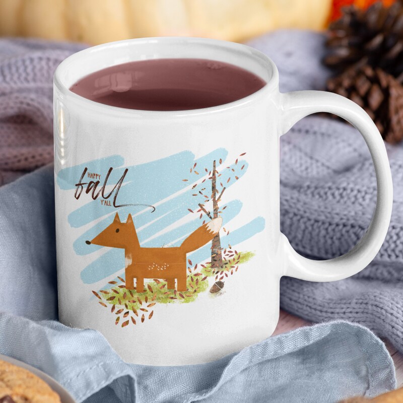 12oz Coffee Mug: Fox "Happy Fall Y'all". High-quality sublimation inks on white ceramic mug. Fall Decor, Fox Coffee Mug, Whimsical Fall Mug.